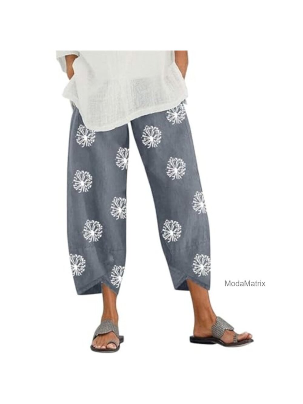 Cotton Linen Capri Pants Elastic Waist Palazzo Trousers with Pockets